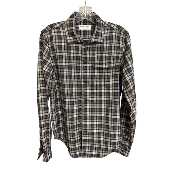 Saint Laurent Paris Mens Plaid Button-Up Shirt S Made In Japan Viscose Blend Bro - Picture 1 of 10